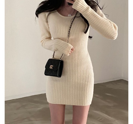 Long-Sleeve Scoop Neck Plain Ribbed Knit Mini Sheath Dress ZV1 | Light Almond / One Size