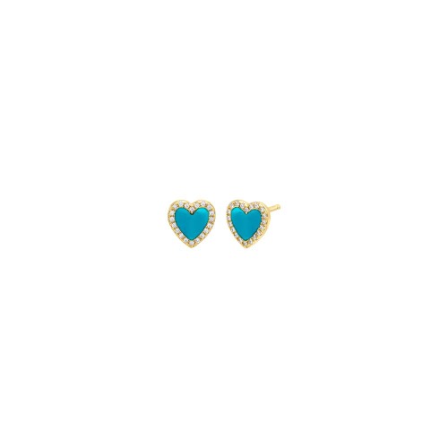 Colored Stone Pavé Heart Stud Earring - Turquoise / Pair