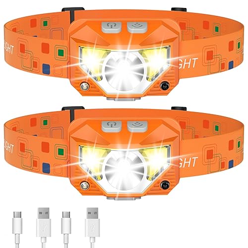 LHKNL Headlamp Flashlight,1200 Lumen Ultra-Light Bright LED Rechargeable Headlight with White Red Light,2-Pack Waterproof Motion Sensor Head Lamp,8 Mode for Outdoor Camping Running Fishing- Orange - Orange - 2 Packs