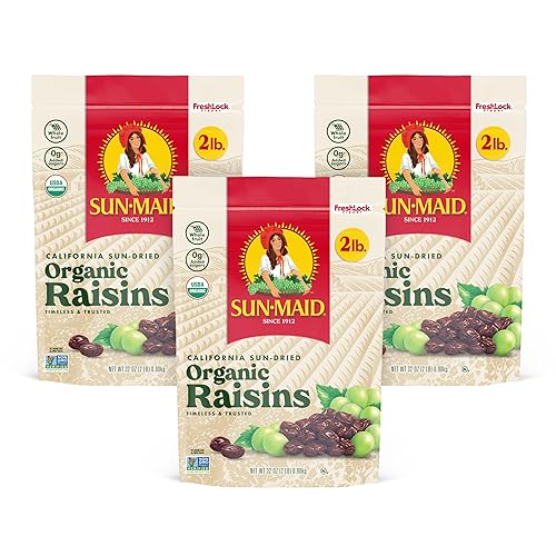 Sun-Maid Organic California Sun-Dried Raisins - 32 oz Resealable Bag - Organic Dried Fruit Snack for Lunches, Snacks, and Natural Sweeteners (Pack of 3) - 2 Pound (Pack of 3)
