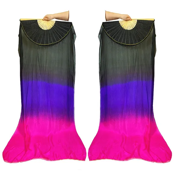 Beyiwenoo 1 Pair (Left+Right) Premium Silk Belly Dance Fan Veil, Women Colorful Long Folding Fans, Designed for Dancing Show and Flow Arts, Length 71" Width 35"