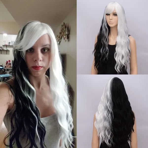 Netgo White and Black Wig for Women, Long Wavy Heat Resistant Fiber Wigs Side Bangs Cosplay Party