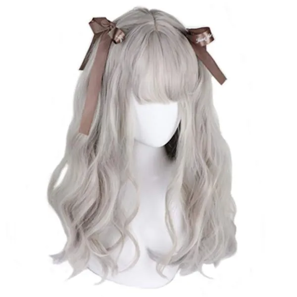 aiyaya Long Curly Wig - Natural Synthetic Hair Lolita Wigs with Wig Cap For Cosplay and Daily Wear (Gray)