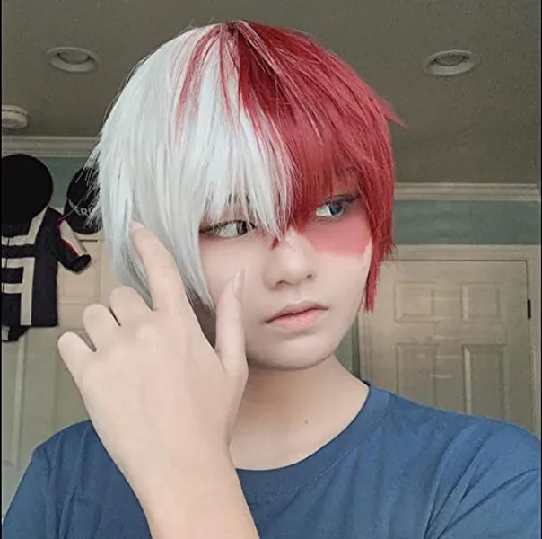TOPHR Short Cosplay Wigs Todoroki Wig Anime Heat Resistant Synthetic for Halloween Half White Half Red