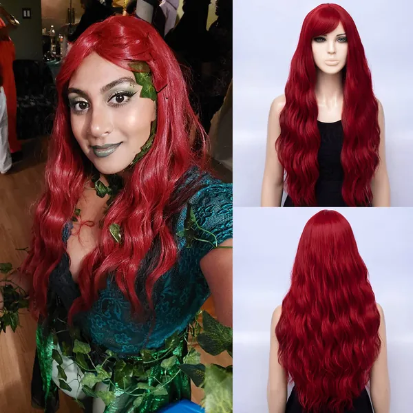Netgo Red Wig for Women, Long Wavy Heat Resistant Fiber Wigs Side Bangs for Girls Daily Cosplay Party Use