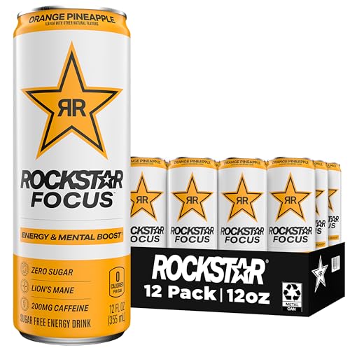Rockstar Focus Energy Drink, Orange Pineapple, Lion’s Mane, Zero Sugar, Zero Calories, 12 oz Cans, (12 Pack), 200mg Caffeine, Energy & Mental Boost - Orange Pineapple - 16 Fl Oz (Pack of 12)