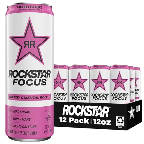 Rockstar Focus Energy Drink, Mixed Berry, Lion’s Mane, Zero Sugar, Zero Calories, 12 oz Cans, (12 Pack), 200mg Caffeine, Energy & Mental Boost - Mixed Berry - 16 Fl Oz (Pack of 12)