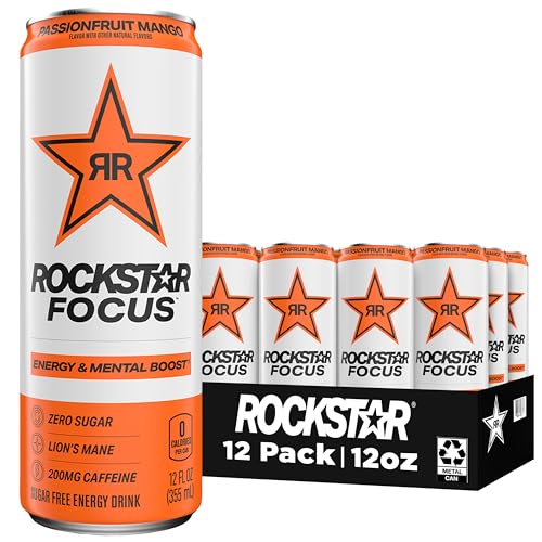 Rockstar Focus Energy Drink, Passion Fruit Mango, Lion’s Mane, Zero Sugar, Zero Calories, 12 oz Cans, (12 Pack), 200mg Caffeine, Energy & Mental Boost - Passion Fruit Mango - 16 Fl Oz (Pack of 12)
