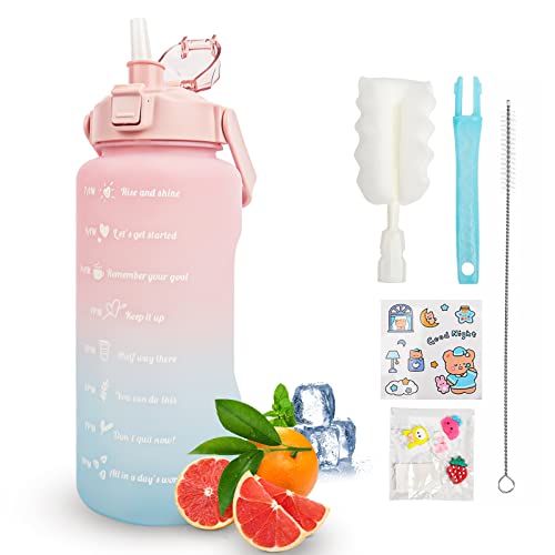 KETIEE Trinkflasche 2L, 2 Liter Trinkflasche mit Strohhalm, BPA-frei Wasserflasche 2 Liter mit Zeitmarkierung, Auslaufsicher Sportflasche Trinkflasche Sport für Fitness Camping Yoga Reise (Rosa Blau) - 2 Liter Rosa Blau