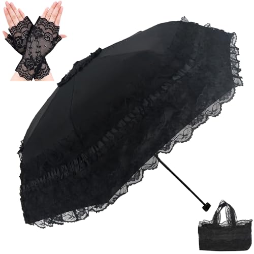 URAWESO Vintage Lace Parasol Gothic Lolita Umbrella for Walking UV Sun Protection Wedding Decoration Cosplay Photoshoot Props (Flower Printed Lining) - Black1-Upgrade