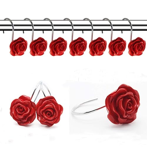 FINROS 12 PCS Home Fashion Decorative Anti Rust Shower Curtain Hooks Rose Design Shower Curtain Rings Hooks (RED) - Red