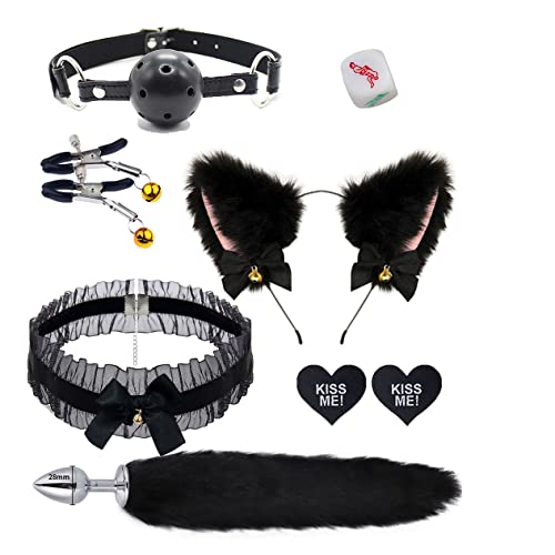 Faux Fur Cat Wolf Fox Tail Anal Plug Tail Choker Nipple Clamps Anal Butt Plug Set Adults Plush Tail Sex Dice Gag Ball - BLACK - Black