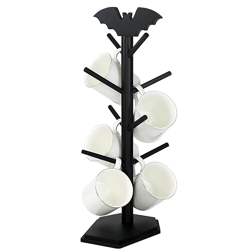 RSSCIIIUL Bat Mug Holder Tree - 8 Hooks Coffee Mug Rack - Gothic Home Decor Wood Coffee Mug Tree for Countertop - Coffee Cup Holder for Halloween Kitchen Organizer & Coffee Bar Accessories