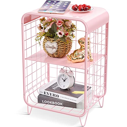 APEXCHASER Cute Pink Nightstand,Metal Side Table,3 Tier End Table with Storage,Vintage Bedside Table,Girls Bedroom Furniture,Coffee Table for Living Room,Bedroom,Dorm - Pink - 3-Tier