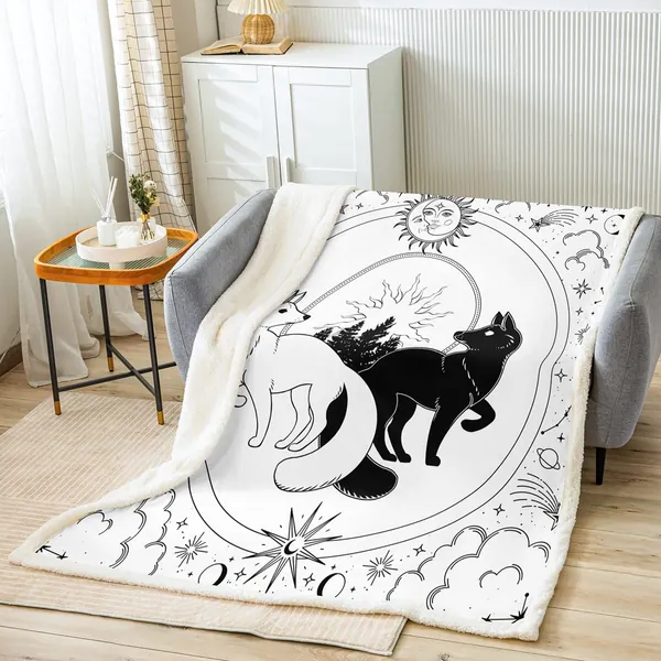 Boho Sun Moon Blanket for Boys Girls Kids Super Soft Warm Black White Fox Sherpa Fleece Blanket Bohemian Galaxy Throw Blankets Starry Sky Bed Blanket Gifts for Teens Women(Queen 90"x90")