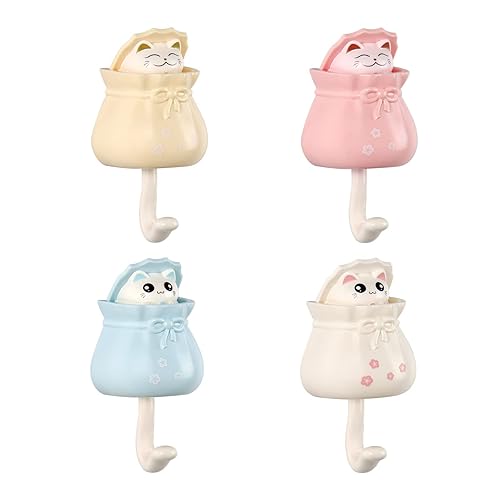 Cute Wall Hooks, 4 Pcs Adhesive Cat Key Holder for Room Decor, Cat Coat Hooks Heavy Duty Wall Mounted for Towel Backpack Hat Scarf Hanging Decorations