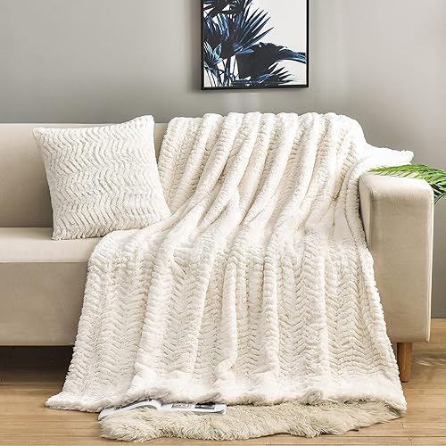 YUSOKI Luxury Double Sided Faux Fur Throw Blanket(Without Pillows),Soft Fuzzy Fluffy Cozy Plush Furry Comfy Warm Blanket for Couch Bed Chair Sofa Bedroom Women Teen Girls Gift(Ivory,50" x 63") - Ivory - Throw50"x63"(without pillows)