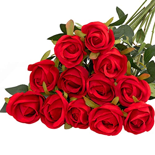 Hawesome 12PCS Artificial Silk Flowers Realistic Roses Bouquet Long Stem for Home Wedding Decoration Party (Z-Rose Buds Red) - 12Pcs Buds - Red