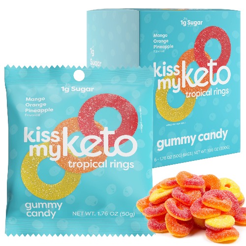 Kiss My Keto Sweet Tropical Rings — Low Sugar (1g), 70 Calories, Keto Candy Gummies with MCT Oil | Vegan Friendly, Non-GMO, Gluten Free Low Carb Candy | 2g Net Carbs — 6 Individually Wrapped Packs - 6 Count (Pack of 1)