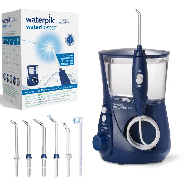 Waterpik Ultra Professional Water Flosser with 7 Tips and Advanced Pressure Control System with 10 Settings, Dental Plaque Removal Tool, Blue (WP-663UK) (2pin UK Bathroom Plug)