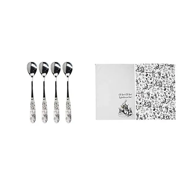 
                            V&A Alice in Wonderland Stainless Steel Teaspoons with Decorative Porcelain Handles, 15.5 cm (6") - White & Set of 2 “Alice in Wonderland” Tea Towels, 70 x 50 cm (27½" x 20")
                        