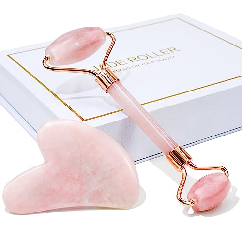 BAIMEI Jade Roller & Gua Sha, Face Roller, Facial Beauty Roller Skin Care Tools, Massager for Face, Eyes, Neck, Body Muscle Relaxing and Relieve Fine Lines and Wrinkles - Rose Quartz