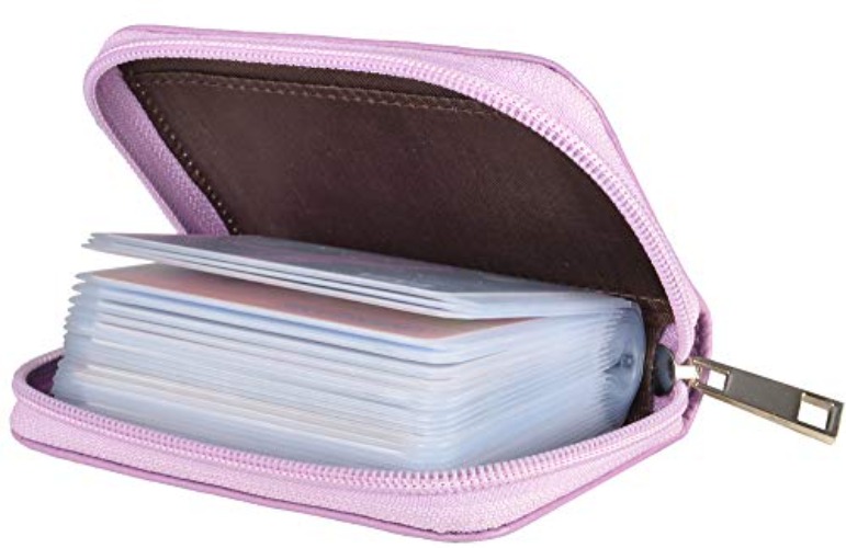 Easyoulife Genuine Leather Credit Card Holder Zipper Wallet With 26 Card Slots - Glitter Light Purple