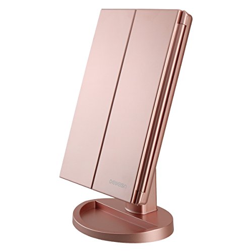 deweisn Dresser Mount Tri-Fold Lighted Vanity Mirror with 21 LED Lights, Touch Screen and 3X/2X/1X Magnification, Two Power Supply Modes Make Up Mirror,Travel Mirror - Rose Gold