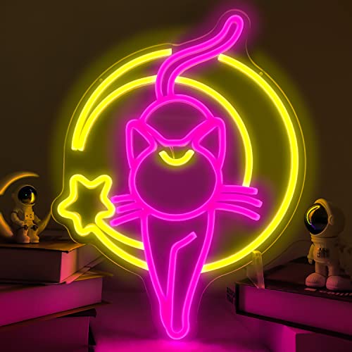 Sailor Moon Neon Sign Anime Neon Signs Dimmable Cat Luna Neon Light up Signs for Wall Magic Moon LED Cat Neon Signs for Bedroom Girl's Room Night Neon Wall Light Decor Luna Sign Gifts for Girls Kids - C-Moon Cat