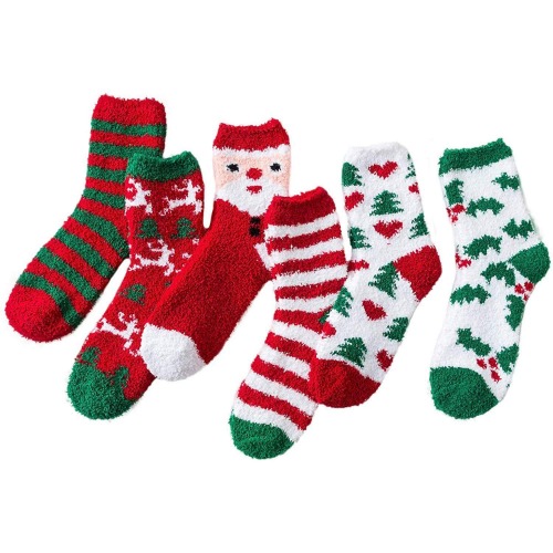 Women Fuzzy Socks Plush Slipper Socks Indoor Athletic Socks Cute Fluffy Socks Soft Cabin Socks Colorful Cozy Spa Socks - One Size 01 6 Pairs Happy Christmas Series