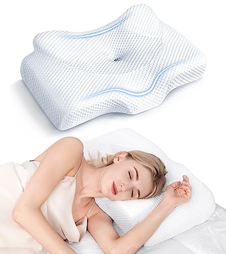 Osteo Cervical Pillow for Neck Pain Relief, Hollow Design Odorless Memory Foam Pillows with Cooling Case, Adjustable Orthopedic Bed Pillow for Sleeping, Contour Support for Side Back Sleepers - Queen(25.5*16.5*5.2/4.1 inches) - White