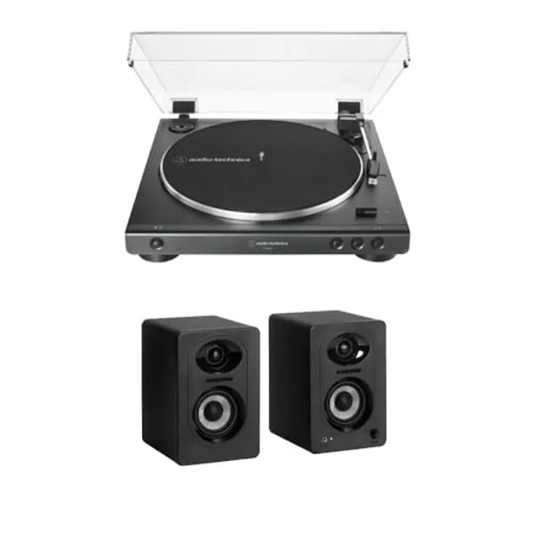 Audio-Technica AT-LP60X Fully Automatic Belt-Drive Stereo Turntable (Black) Bundle with Bluetooth Studio Monitors - Pair (2 Items)