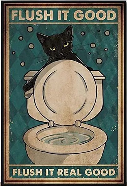 WellDGS Tin Sign Flush It Good Funny Bathroom Black Cat 12x8 Inch
