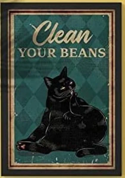 WellDGS Clean Your Beans Black Cat Bathroom Vintage Tin Sign Funny Art Print Wall Decoration Decor Animal Lovers Gifts 12 x 8 Inch