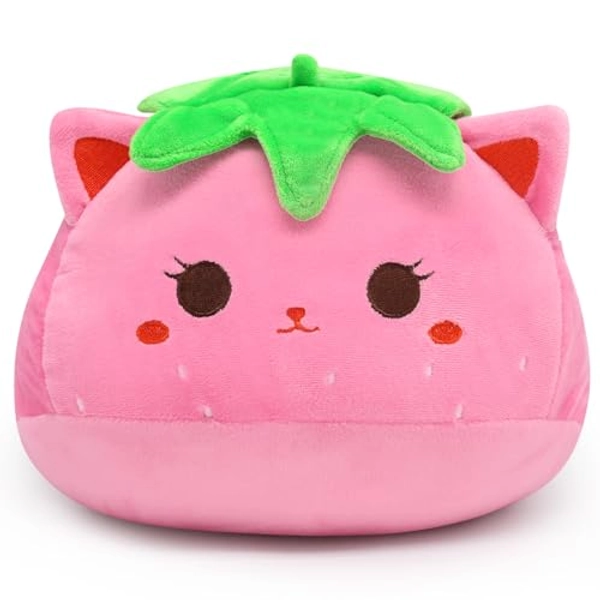 KOPHINYE Strawberry Cat Plush - 12 Inch Kawaii Strawberry Cat Pillow, Cute Pink Cat Stuffed Animal Plush, Pink Cat Plush Toy Birthday, Party Gift for Kids Girlfriend and Sisters - 12in Strawberry Cat