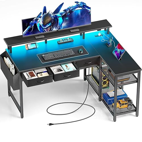 Seventable L Shaped Computer Desk with Drawers, 47 inch Office Desk with Power Outlets & LED Lights, Reversible Gaming Desk with Storage Shelves, Corner Desk with Monitor Stand for Home Office, Black - Black