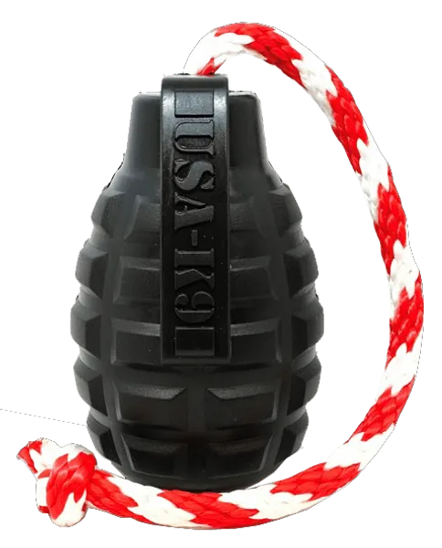 USA-K9 Magnum Grenade Durable Rubber Chew Toy, Treat Dispenser, Reward Toy, Tug Toy, and Retrieving Toy - Black Magnum - MEDIUM BLACK MAGNUM GRENADE REWARD TOY