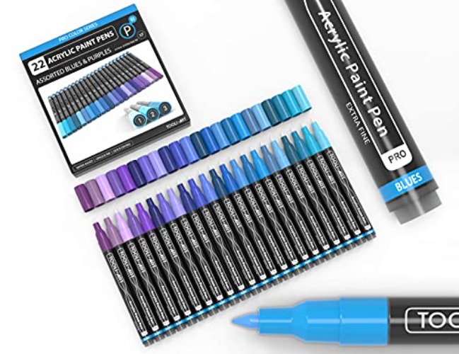 TOOLI-ART marqueur acrylique Ensemble de 22 marqueurs assortis de la série Pro Color, pointe extra fine de 0,7 mm pour la peinture rupestre, le verre, les tasses, le bois, la toile, non toxique(bleu) - XF - Bleu