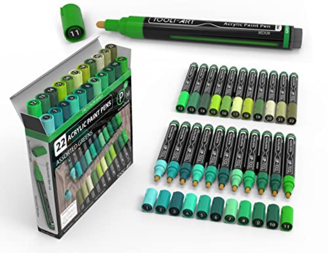 TOOLI-ART Lot de 22 feutre peinture acrylique à pointe moyenne Green Pro Color Series 3 mm pour peinture rupestre, verre, bois, métal, toile, travaux manuels. Non toxique, séchage rapide - 1 unité (Lot de 22) - Vert