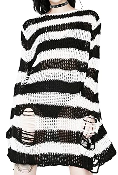 Goth Y2K Striped Sweater Ripped Punk Gothic Sweaters for Women Harajuku Aesthetic Halloween Pullover Tops - One Size - White and Black