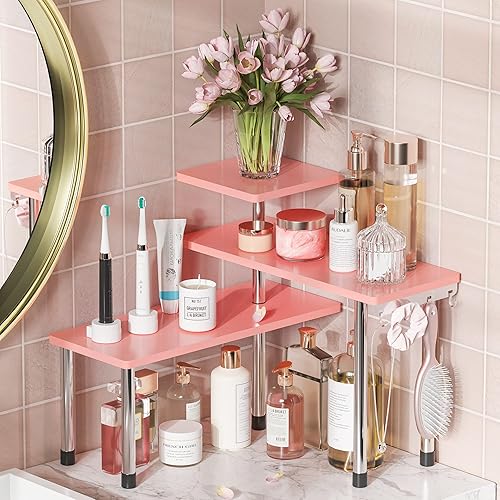 ZHWS Bathroom Counter Organizer Corner Shelf – Bathroom Organization Bamboo 3 Tier Spice Rack Makeup Organizer Bookshelf Space Saving Rack Kitchen Office Living Room (Pink) - Pink - 16.9x16.9x15.3