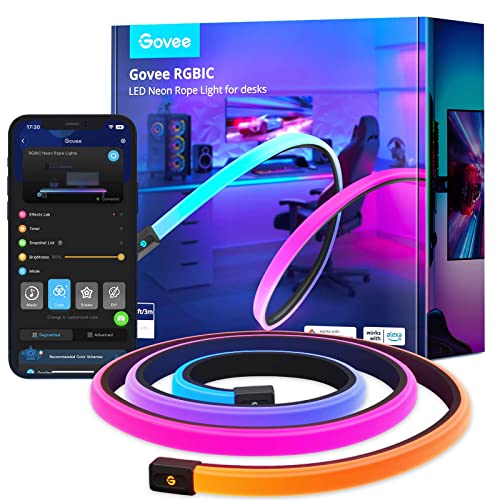 Govee RGBIC Gaming Lights, 10ft Neon Rope Lights Soft Lighting for Gaming Desks, LED Strip Lights Syncing with Razer Chroma, Support Cutting, Smart App Control, Music Sync, Adapter (Only 2.4G Wi-Fi) - 10ft