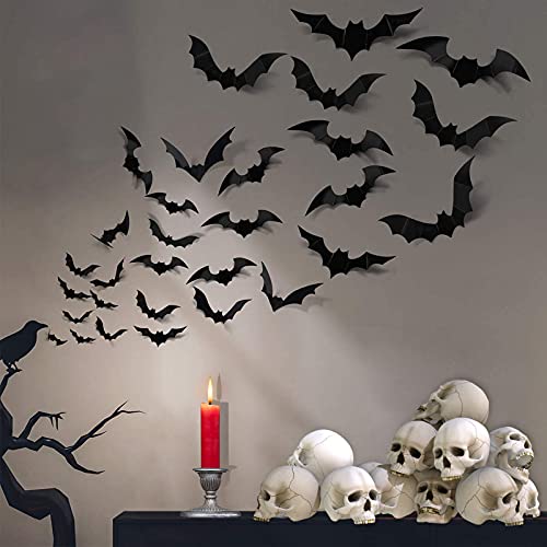 FilmHoo 88 Pcs 4 Sizes Halloween Decorations PVC 3D Bats Wall Decor for Halloween Party Supplies Scary Bats Wall Stickers Set DIY Bat Clings for Halloween Home Decor Indoor Outdoor (Black) - Black