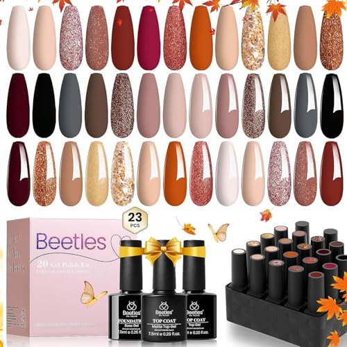 Beetles 23Pcs Gel Nail Polish Kit, 20 Fall Colors Nude Pink Brown Burgundy Red Gel Polish Set with Base Top Coat Verse of Roses Kit, Soak off Uv Golden Glitter Holiday Nail Gel - 7-5-20 Colors Verse of Roses