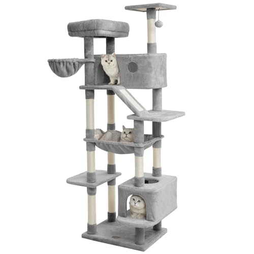 Karolpar 73 inches Large Cat Tree for Indoor Cats, Tall Cat Tower with Sisal Scratching Posts and Pads, Padded Plush Perch, Cozy Basket, Plush Condo for Large Cats, Light Grey - Grey