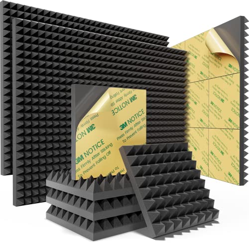 Sonicism 36 Pack Pyramid Sound Proof Foam Panels with Self-Adhesive, 12" X 12" X 2" Acoustic Foam Panels of High Density, Soundproof Wall Panels Fast Expand, Sound Absorption and Decoration (Black) - 2 Inch 36 Pack Self-Adhesive - Black