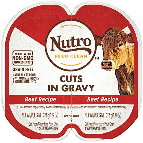 NUTRO Grain Free* Natural Wet Cat Food Cuts in Gravy Beef Recipe, (24) 2.64 oz. PERFECT PORTIONS Twin-Pack Trays - Beef - 1.32 Ounce (Pack of 48)