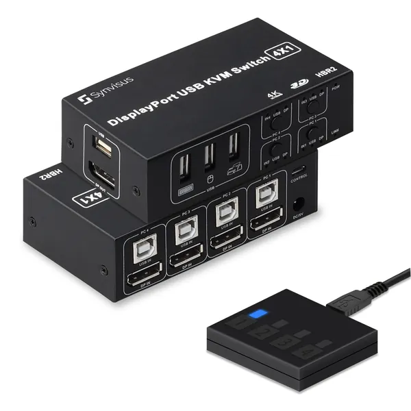 Synvisus DisplayPort KVM Switch 4 Port 3D UHD 4K@60Hz, 2K@120Hz 4 in 1 Out USB and DP1.2 KVM Switcher, with 4 USB Cables