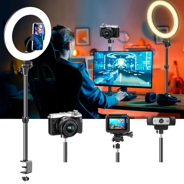 Computer Ring Light Streaming with Desk Mount Stand-12'' Desktop lamp with Clamp Stand&Phone Holder and 1/4" Thread Ball Head for Photography/Video Conference/Recording/Makeup,for Camera/Webcam/Phone