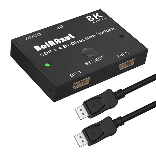 Displayport 1.4 Switch Bi-Directional (with 5ft DP Cable 4K 2Pcs), BolAAzuL 8K DP 1.4 Splitter Switcher, 8K@30Hz 4K@120Hz 2K@144Hz, with 2 Displayport 1.2 Cables